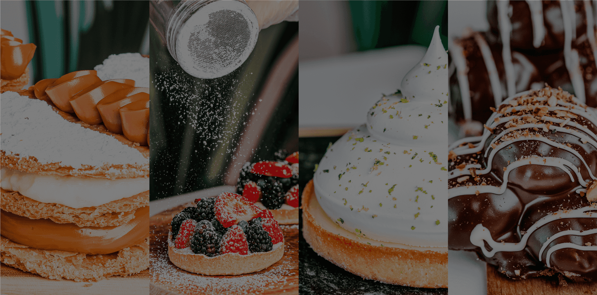58 Gourmet top banner showing milhojas, tarts, lemon pie and profiterol